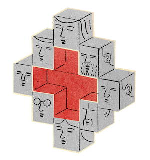 An illustration of gray faces on the outside with a red cross in the center