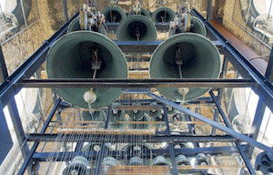 Photo of a view from below of the McGaffin Carillon bells