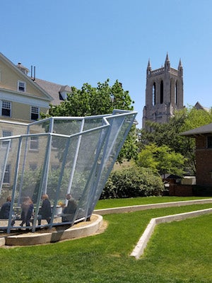 Case Western Reserve University campus with the Church of the Covenant bell tower in the background