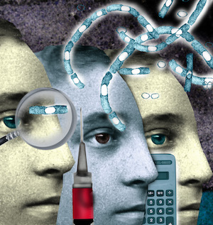 An illustration of three heads surrounding by objects such as a calculator and magnifying glass