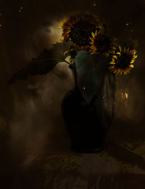 Photograph of a vase of sunflowers