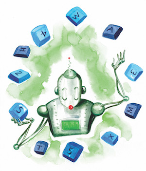 Illustration of a robot surrounded by keyboard letters