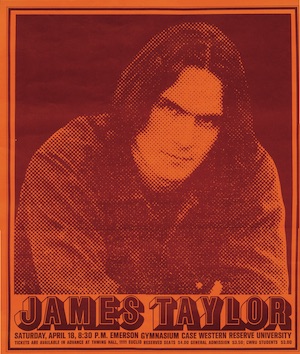Concert poster/announcement of James Taylor performing at Case Western Reserve University