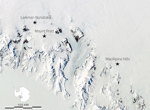 An aerial map of locations in Antarctica: Larkman Nunataks, Mount Pratt, and MacAlpine Hills