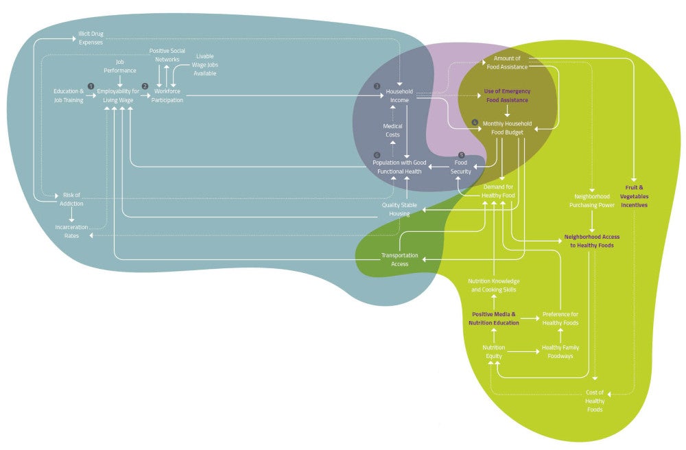 An infographic of a computational model showing three different areas each with a different color background, representing economic opportunity, food security and nutrition equity. Within each area are variables-such as Monthly Household budget-that are linked to other variables-such as Household Income-by lines and arrows.