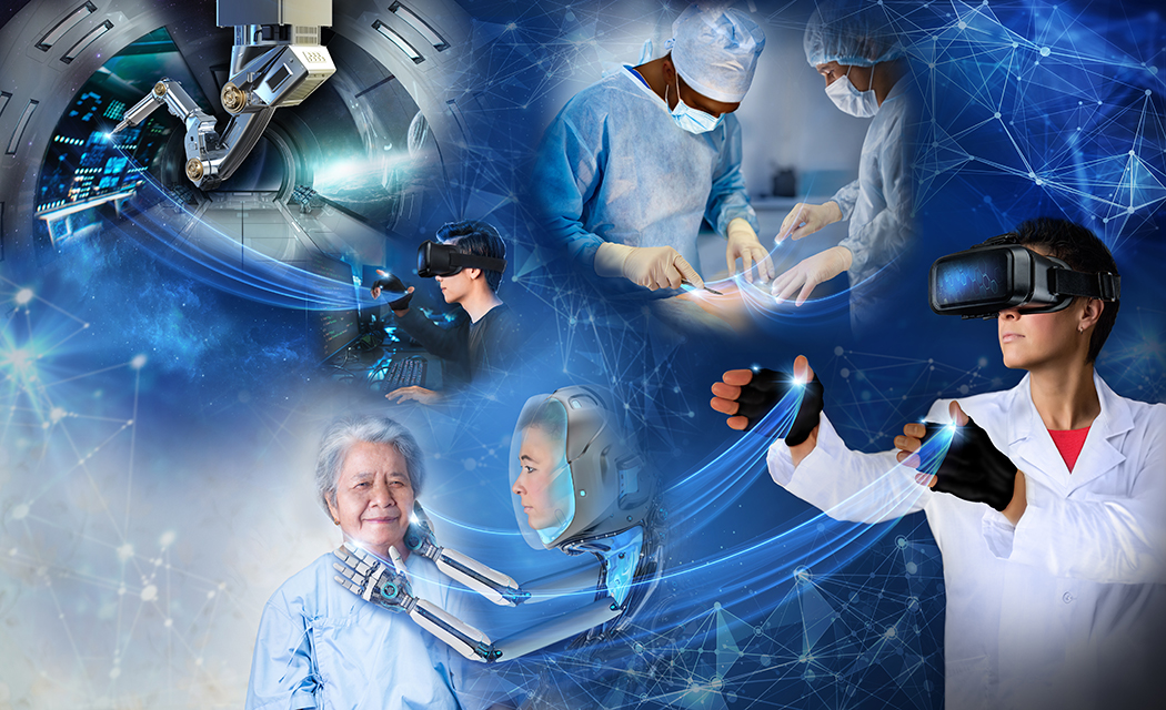 Collage of medical professionals, patients and scientists utilizing VR and avatar technology