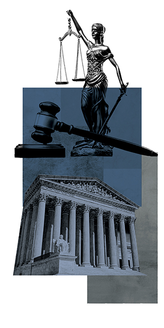 Graphic of the Supreme Court, a gavel, and Lady Justice holding scales