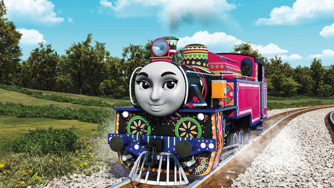 A cartoon pink and green train with a female face.