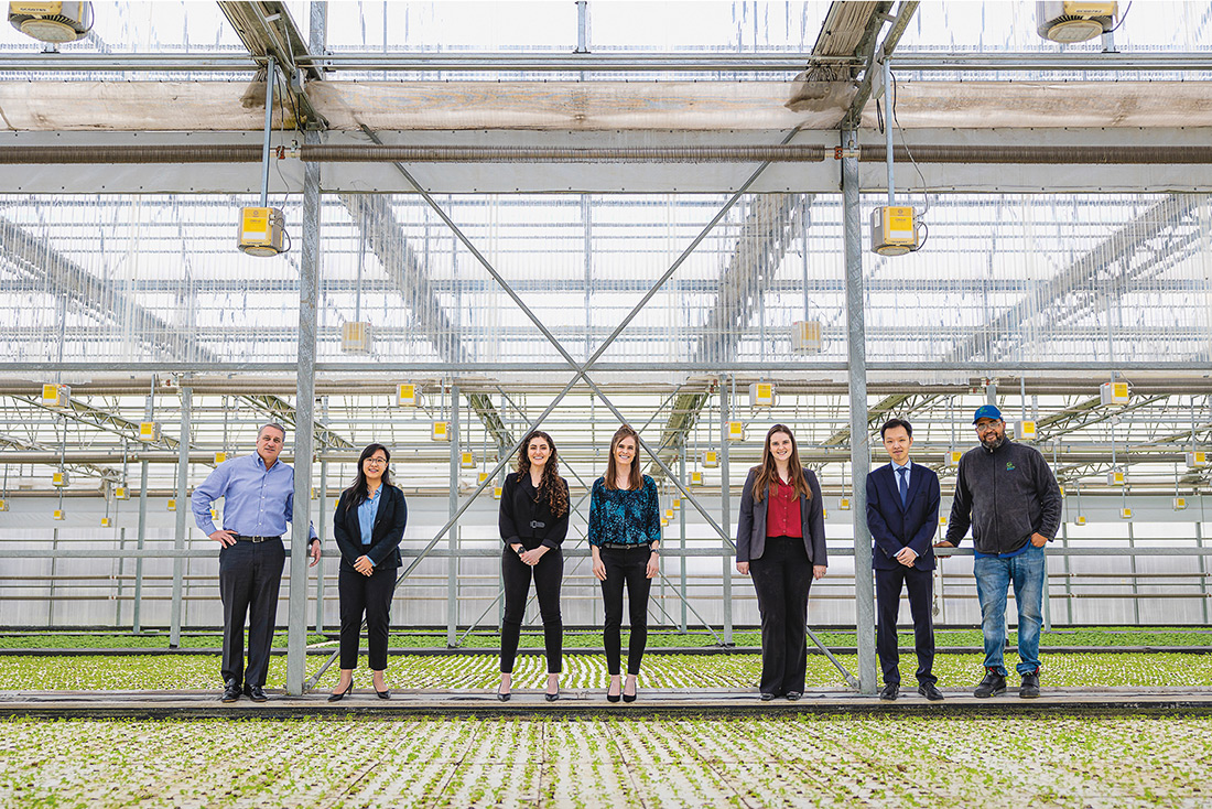 A row of people in business attire standing in a greenhouse.
