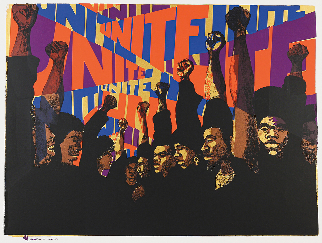 A print of a group of Black people raising their fists with the words ‘Unite’ repeating across the top