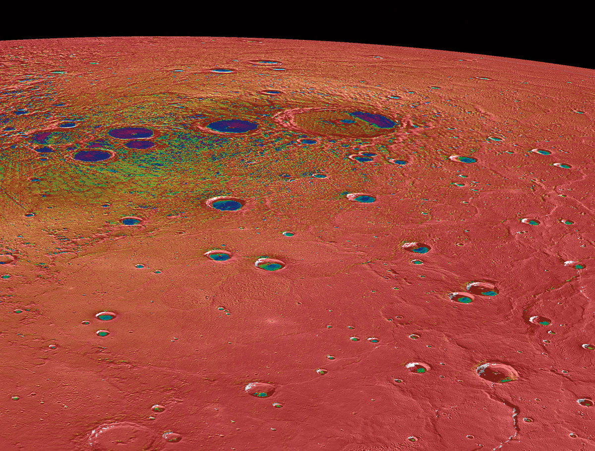 A close-up image, based on NASA data, of the surface of Mercury with hotter areas shows in red and colder areas in purple.