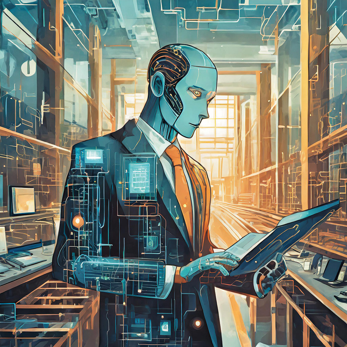 An AI-generated llustration of a part robot/part man in a business suit and examining documents