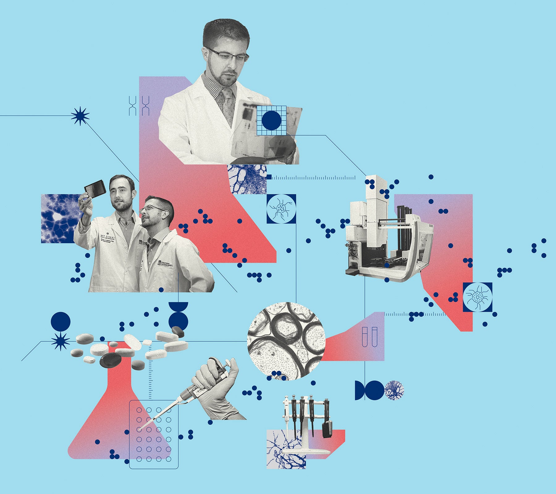 An Illustration that incorporates photos of Paul Tesar and others as well as graphic elements representing his research.