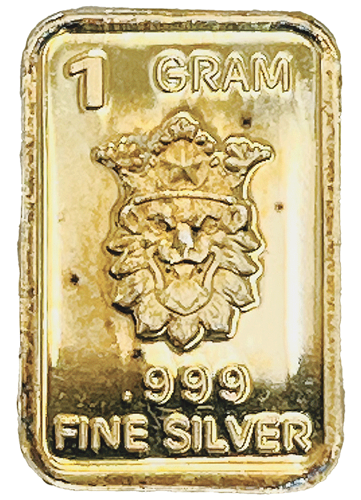 Gold-colored tablet saying '1 GRAM 0.999 FINE SILVER'