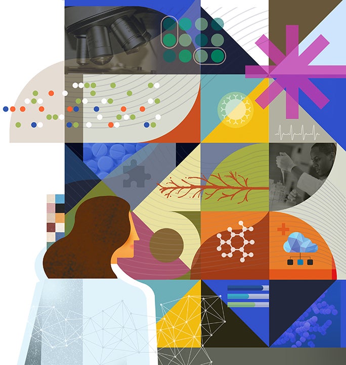 An illustration that combines geometric shapes and patterns with photographs of a microscope, some pills, and a scientist filling vials with a pipette.