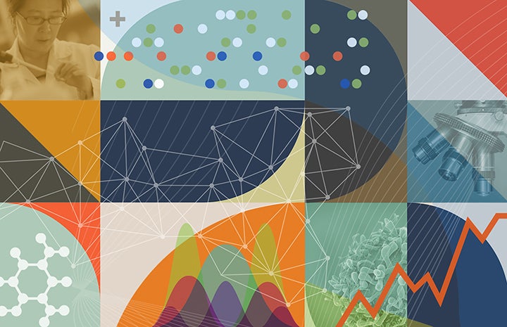 An illustration that combines geometric shapes and patterns with photographs of a researcher and a microscope