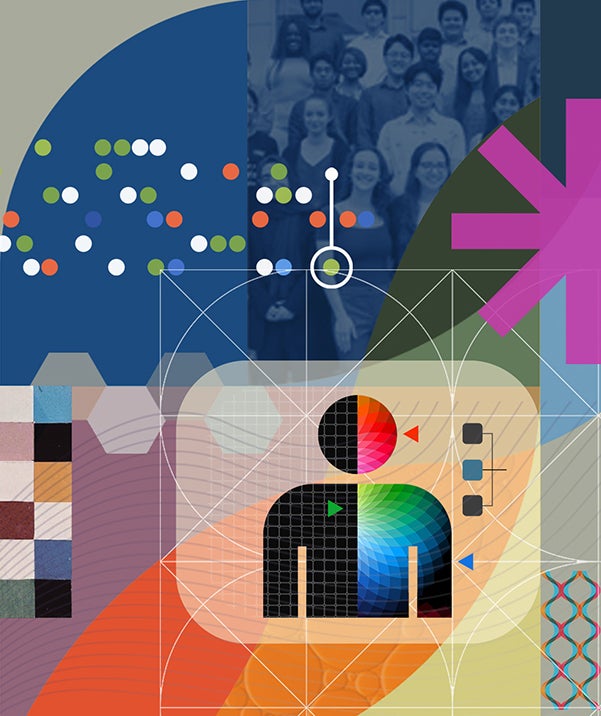 An illustration that combines geometric shapes and patterns with a photograph of a group of students standing together