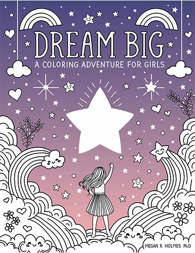 Book cover with title 'Dream Big' with purple and pink ombré background and a drawing of a young girl surrounded by stars, rainbows, and clouds