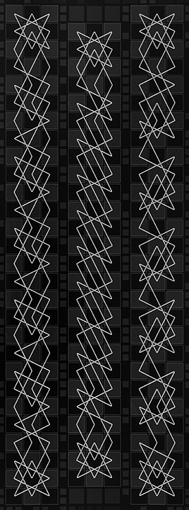 Graphic with black background and white line patterns