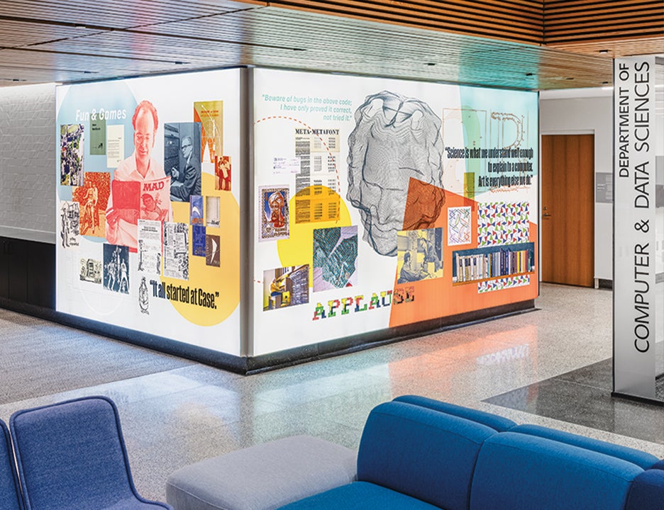 Colorful interior of Olin lobby with an AI-inspired wall mural