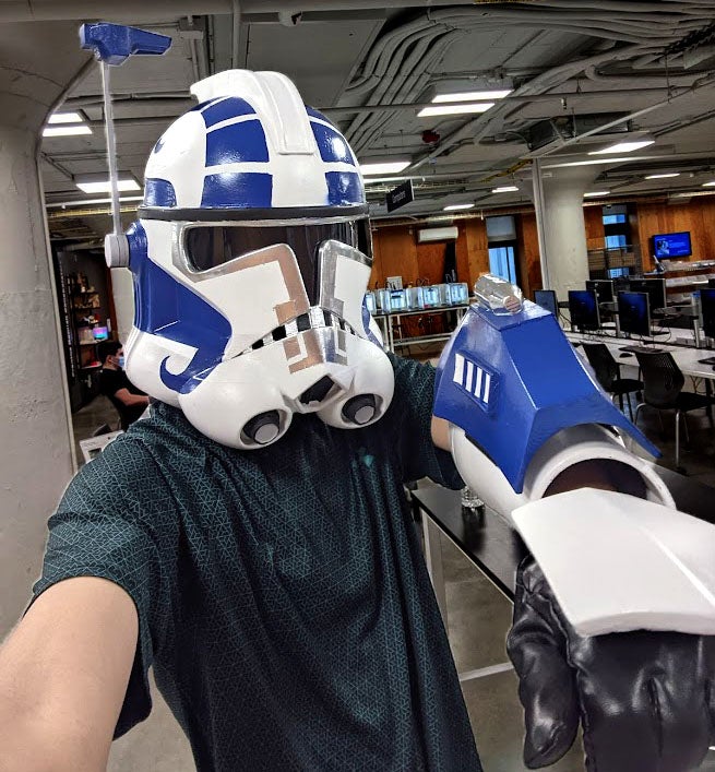 A 3D printed and painted costume of an arc trooper from the Star Wars movie franchise.