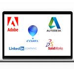 A computer with the Adobe, Corel, LinkedIn Learning, Autodesk and Solidworks logos