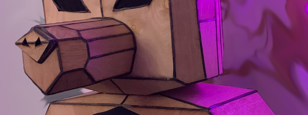 A costume of a wolf's head made from wood panels and 3D printed pieces.