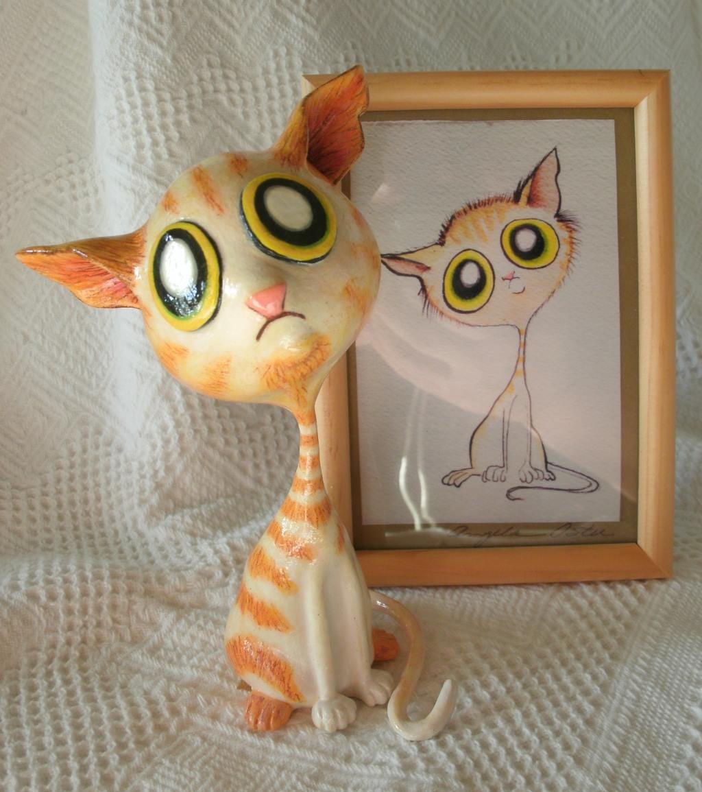 A 2D picture of a cartoon cat along with the 3D model