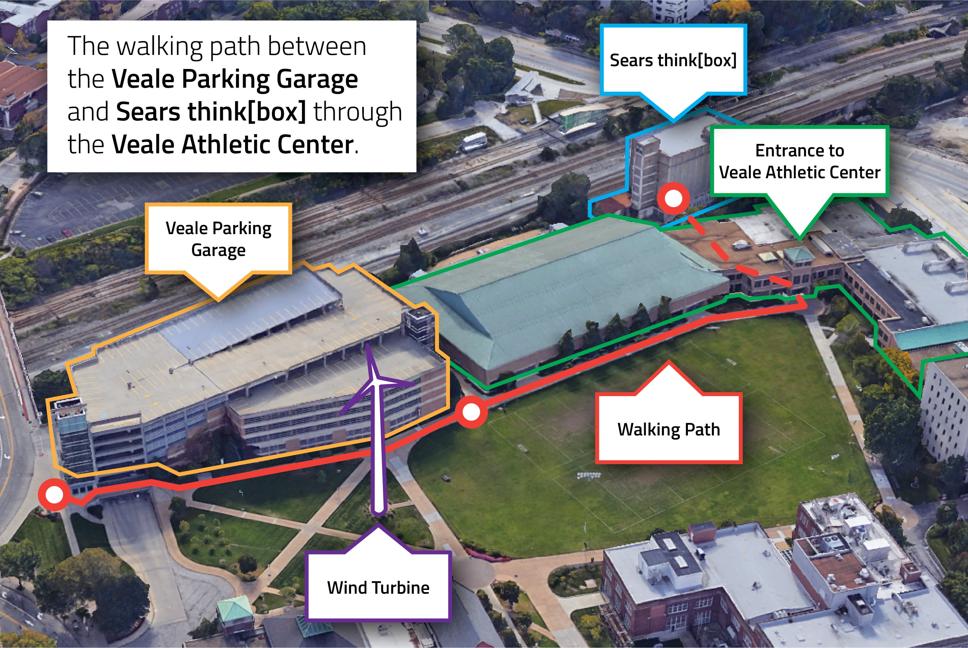A map of the walking path between the Veale Parking Garage and Sears think[box] through the Veale Athletic Center.