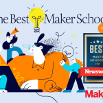 A colorful illustration of people interacting with making symbols - lightbulbs, pens, computers, etc. At the top it says "The Best Maker Schools."