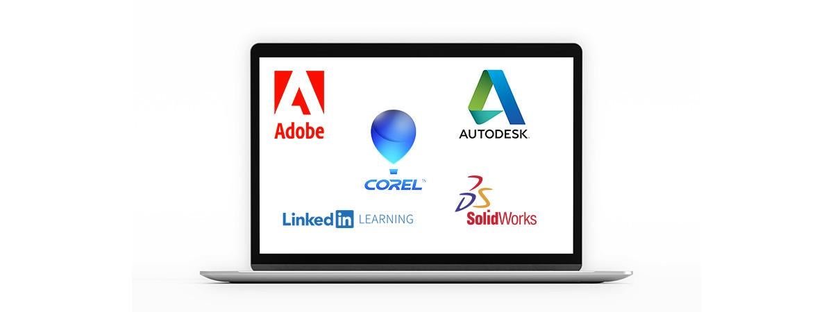 A computer with the Adobe, Corel, LinkedIn Learning, Autodesk and Solidworks logos