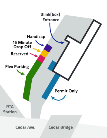 Map of think[box] parking: green for Flex Parking, red for Reserved, yellow for 15-Minute Drop Off, purple for Handicap, and blue for Permit Only. Arrows point to the think[box] entrance and parking areas. Nearby streets include Cedar Ave and Cedar Bridge.