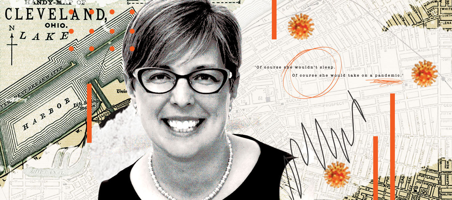 Headshot of Case Western Reserve professor Heidi Gullett with illustrated background of Cleveland map