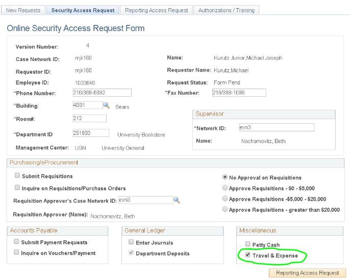 Screenshot of Security Access Request Form, which shows personal information, purchasing/procurement information, and then under "miscellaneous," a "travel and expenses" section with the box checked