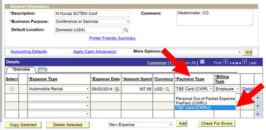 An image that shows the Travel and Expense REimbursement Report; it lists expense type, date, amount, currency and payment type; the payment type includes a drop-down, where users should select T&E Card (CWRU)