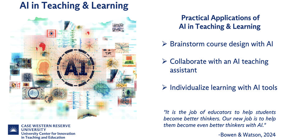 Slide describing practical applications of AI in teaching and learning. Text content duplicated in narrative web page content.