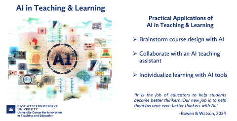 Slide describing practical applications of AI in teaching and learning. Text content duplicated in narrative web page content.