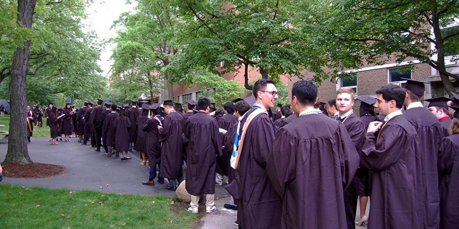 Case Western Reserve University Commencement 2017 group of graduating seniors lined up on the quad