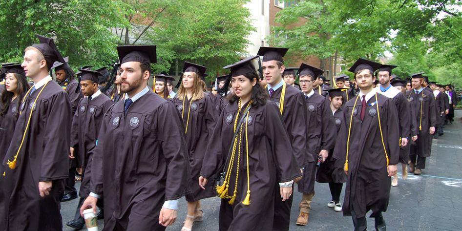 Case Western Reserve University Commencement 2017 graduating students walking to Veale Center for the ceremony