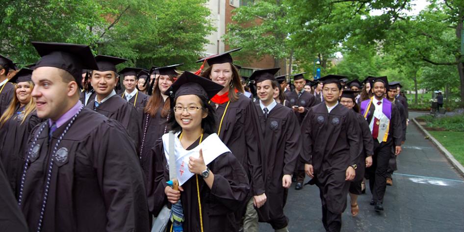 Case Western Reserve University Commencement 2017 undergraduate students walking to Veale Center for the ceremony