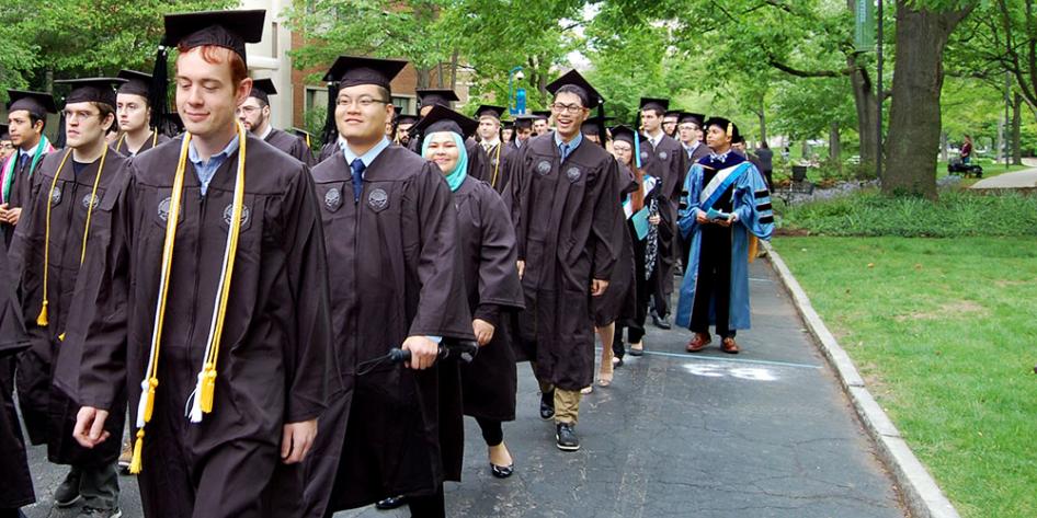 Case Western Reserve University Commencement 2017 graduating students walking to Veale Center for ceremony