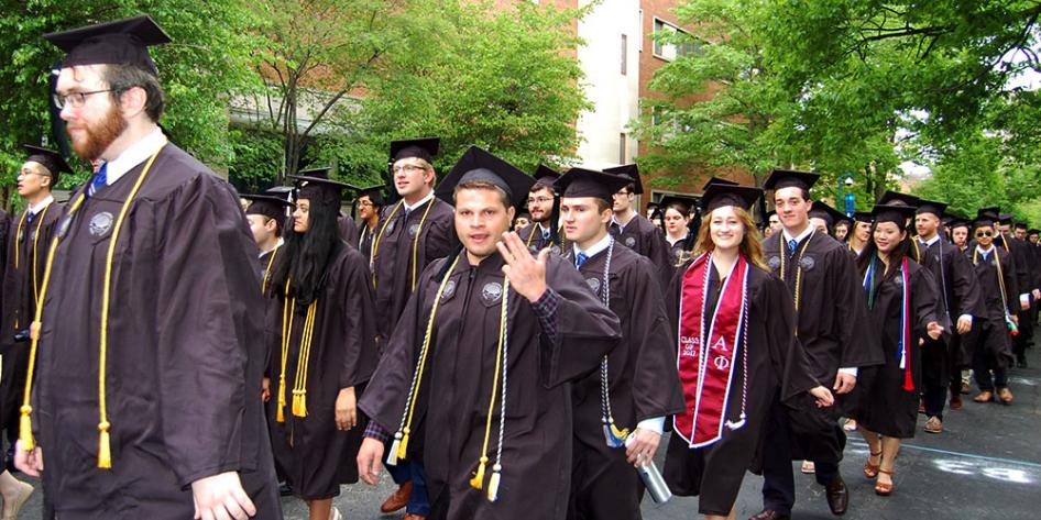 Case Western Reserve University Commencement 2017 undergraduates walking to Veale Center for the ceremony