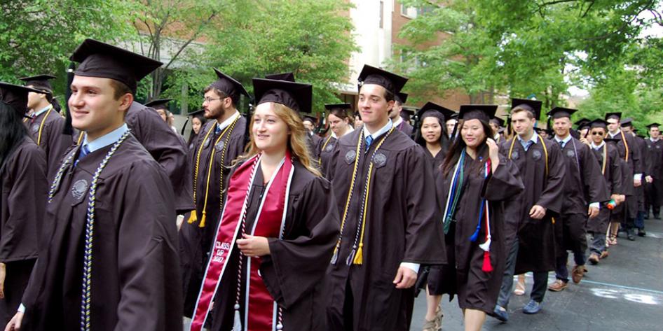Case Western Reserve University Commencement 2017 undergraduates walking to Veale Center for ceremony