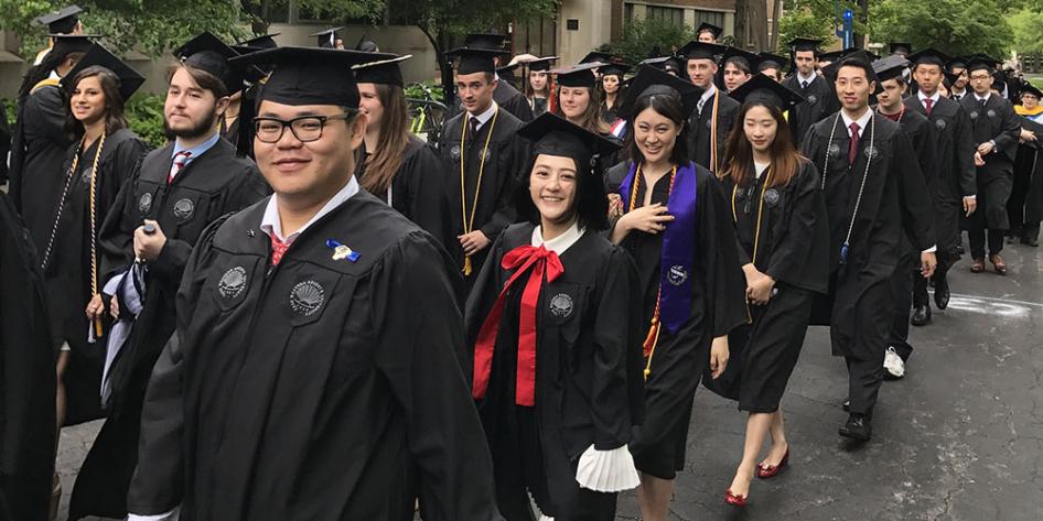 Case Western Reserve University Commencement 2017 undergraduate students walking to Veale Center for ceremony