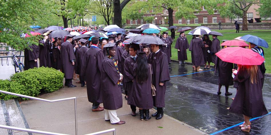 Case Western Reserve University Commencement 2016 group of students with umbrellas