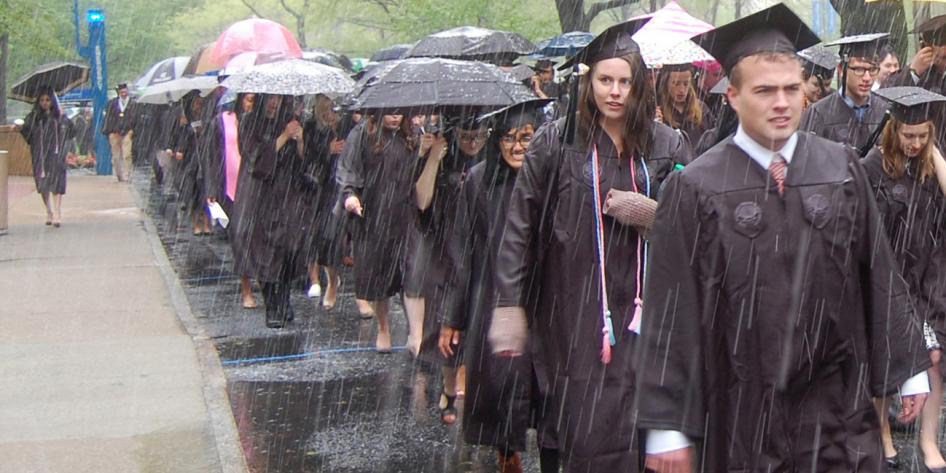 Case Western Reserve University Commencement 2016 graduating students walking in snow on quad