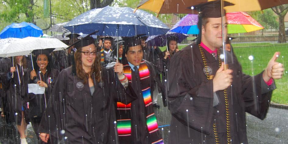 Case Western Reserve University Commencement 2016 graduating students walking in snow thumbs up