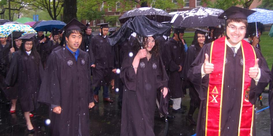 Case Western Reserve University Commencement 2016 graduating students walking outside delta chi