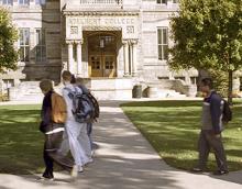 view of Adelbert hall with students walking by