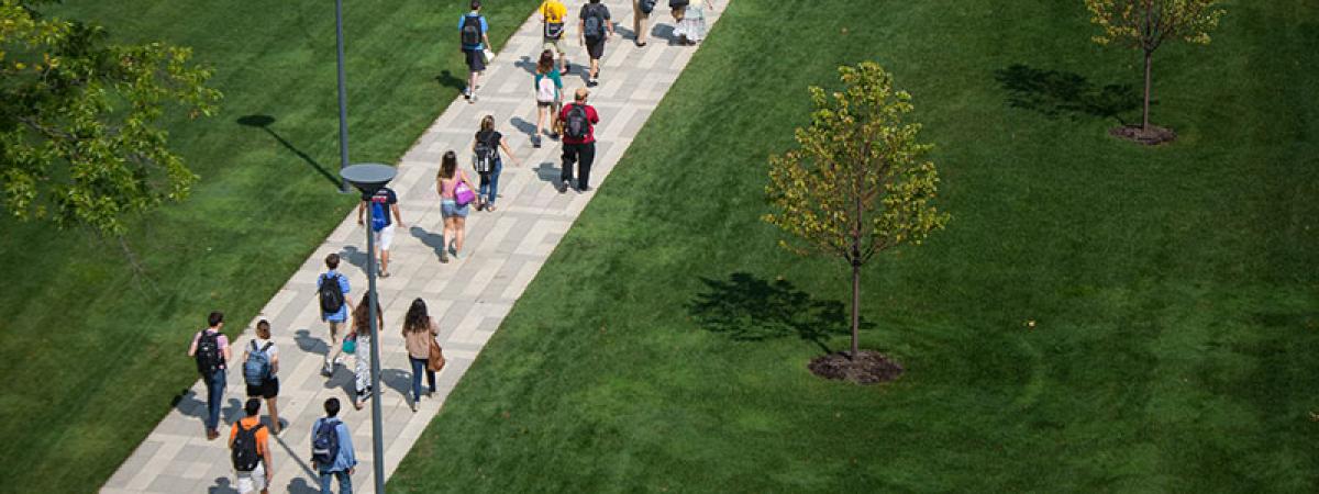 An overhead shot of the Case Western Reserve University binary walkway